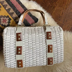 1970s vintage wicker purse handbag wooden accents leather handle thumbnail 1