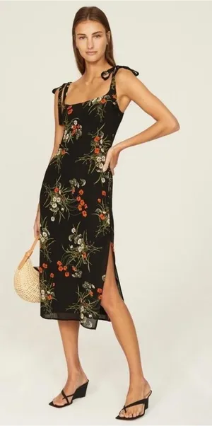 Reformation Besse Floral‎ Tie Strap Midi Dress Black 2 thumbnail 1