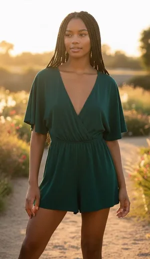 Leith Dark Green Emerald V-Neck Flowy Short Sleeve Tie-Back Romper Sz L thumbnail 1
