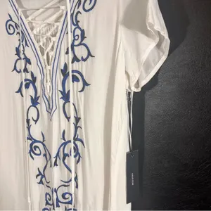 Lulus Down In Kokomo White And Blue Embroidered Lace Up Dress Size‎ Medium thumbnail 6
