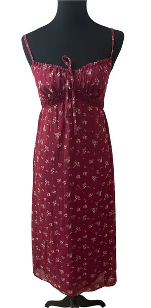 Feminine Cottage Burgundy Ditzy Floral No Boundaries Midi Dress with Tie Front thumbnail 1