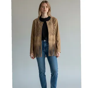 Easel Los Angeles Suede Like Jacket Boho Fringe Cutout Embellished Tan‎ thumbnail 2