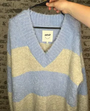 Aerie | women striped fuzzy vneck sweater thumbnail 1