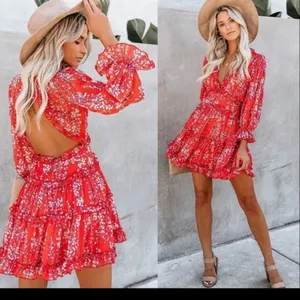 Womens Red Floral Ruffle Aline Swing Open Back Dress sz medium thumbnail 3