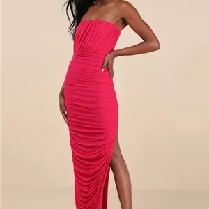 Lulu's Pink Asymmetrical Ruched Bodycon Maxi Dress thumbnail 2