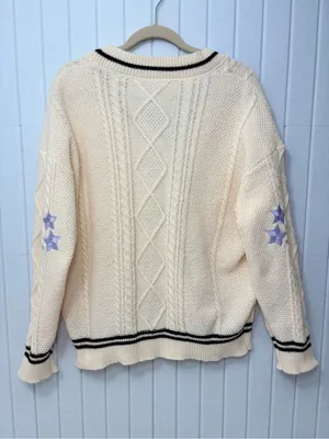 Taylor Swift‎ Cream Cable Knit Cardigan with Lavender Star Sleeves size M thumbnail 7