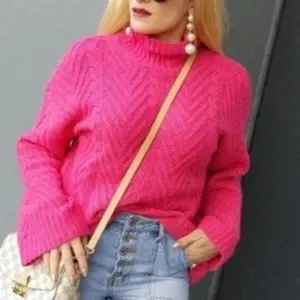 Free People Mock Neck Bell Sleeve Sweater Hot Pink XL thumbnail 9