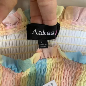 Aakaa NWT pastel rainbow smocked ruffle tiered shoulder tie midi dress Sz Large thumbnail 11
