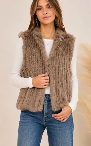Tourance Genuine Real Rabbit Fur Vest Taupe Brown Soft Luxe Boho NEW thumbnail 1