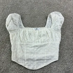 White Eyelet Embroidered Puff Sleeve Crop‎ Top Juniors M Cottagecore Coquette thumbnail 3
