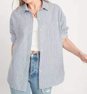 Old Navy M Oversized Striped Boyfriend Shirt Cotton Long Sleeve Button Down Top thumbnail 1