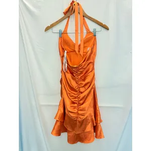 Morgan & Co. Orange Halter Dress Ruffle Size XS Formal Girls Womens Zipper‎ Back thumbnail 2