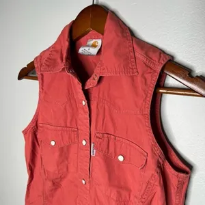 Carhartt Shirt Womens Red Poplin Snap Front Sleeveless Collared Blouse sz small thumbnail 2