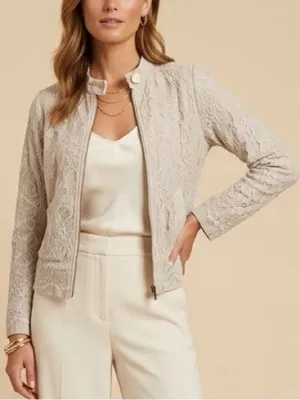 NEW Blue Life Light Beige Lace Zip Jacket Blazer Mandarin Collar jacket XS XSMAL thumbnail 1