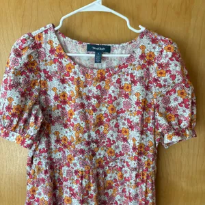 ModCloth Midi Dress Womens S Pink Orange Floral Tiered Cotton Puff Sleeve Pocket thumbnail 3