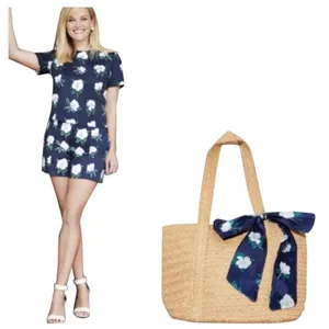 Draper James Straw Bag Woven Tote With Floral Scarf Natural Navy NWT thumbnail 2
