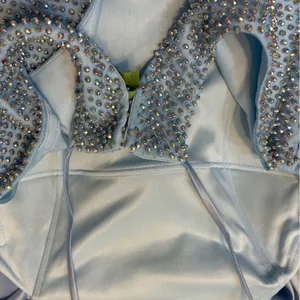 La Femme Light Blue Beaded High Neck Cut Out Satin A-Line Formal Prom Dress 4 thumbnail 7
