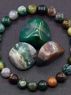 Polished Green Moss Agate Bead Bracelet and Tumbled Stone Set thumbnail 1