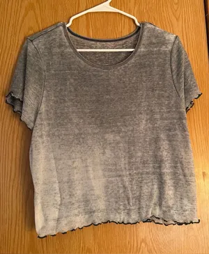 American Eagle Outfitters Gray Ribbed Crop Tee with Lettuce Hem thumbnail 1