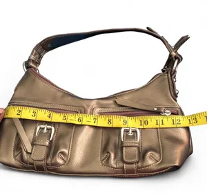 Y2K Brown Gold Metallic Leather Cargo Buckles Shoulder Hobo Hand Bag Purse Satchel Top Handle O-Ring Silver Accents #Grunge #Cyber #Goth #Punk #Acubi Vintage Mcbling Preppy Measurement in pics Great condition thumbnail 6