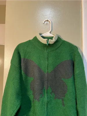 Vencede Women's Sz Medium Full Zip Sweater Green Gray Large Butterfly Print Soft thumbnail 3