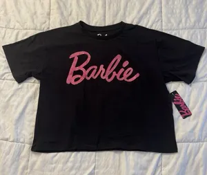 Barbie Cropped T-Shirt Black Pink Rhinestone Y2k Chill Streetwear Bling XL NWT thumbnail 1