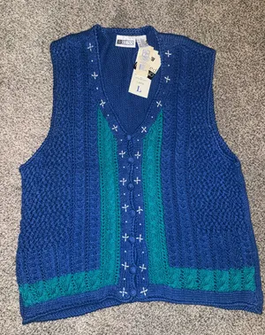Vintage 80’s dead stock Russ Knitted Vest, Blue and Teal, Large thumbnail 1