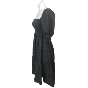 Hill House Home Nesli Black Puff Sleeve Smocked Tiered Midi A-Line Nap Dress XS thumbnail 3