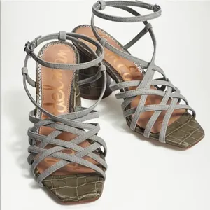 Sam Edelman Daffodil Croc Strappy Heel Sandal in Mineral Green Suede NEW thumbnail 7