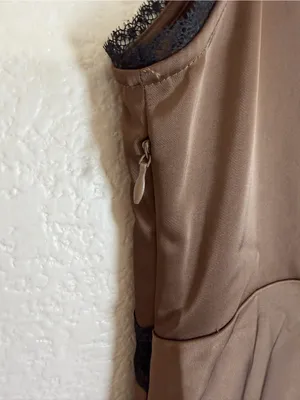 House Of Harlow 1960 Brown Satin Maxi Dress With Black Lace Trim size Large $198 thumbnail 14