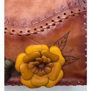 1970s Brown Tooled Leather Sculpted 3D Flower Boho Artisan Shoulder Bag thumbnail 8