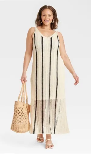 NWT Women's Open Work Maxi Sundress - A New Day Cream/Black Striped thumbnail 1