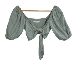 Abercrombie & Fitch Green Linen Tie Front Puff Sleeve Crop Top Womens Size Small thumbnail 1