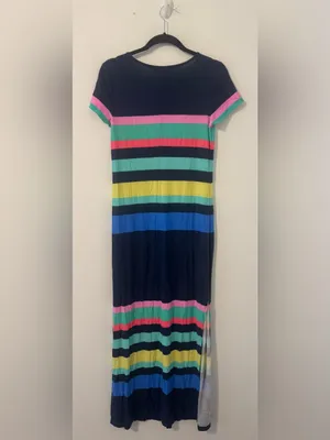 Lilly Pulitzer Tae Maxi Dress Blue Multi-Color Striped Front Slits Medium *Read* thumbnail 2