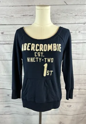 Y2k Abercrombie and Fitch Sweatshirt Womens Medium Navy Blue Logo Pullover thumbnail 1