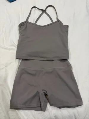 Tan Open Back Workout Set Gray Size L thumbnail 1