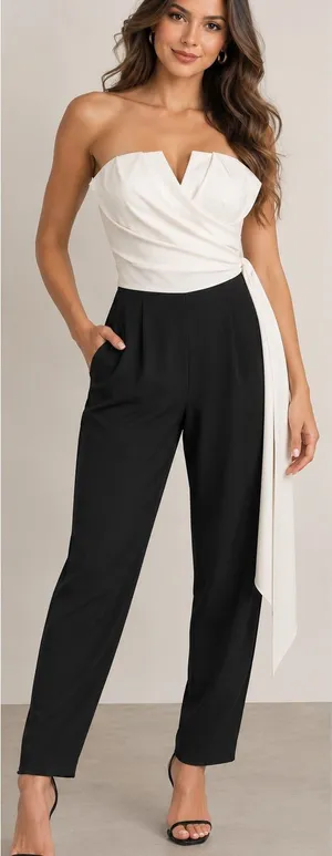 VENUS Two-Tone Strapless Jumpsuit in White & Black thumbnail 1