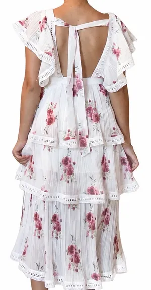 White and red floral dress with lace trim thumbnail 2