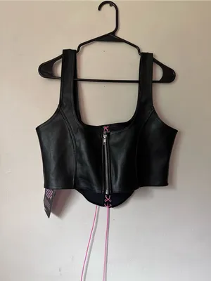 Blackmilk Black Faux Leather Corset Crop Top with Pink Lace-Up thumbnail 11