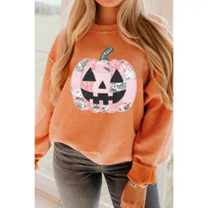 Patchwork Pumpkin Graphic Corded Ribbed Round Neck Tunic Sweatshirt thumbnail 4