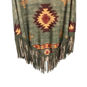 Southwestern Aztec Fringe Poncho Tunic Sage Green Earth Tone Top Santa Fe XL/XXL thumbnail 7