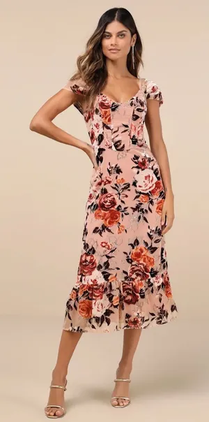 Composed Beauty Blush Pink Burnout Velvet Floral Midi Dress, NWT thumbnail 1