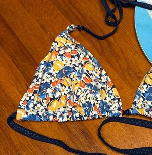 Lands' End Navy Floral Triangle Bikini Top with Yellow & Orange Accents thumbnail 1