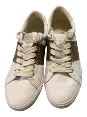 GUESS Los Angeles Women’s White Low-Top Laced Sneakers with Brown Monogram Stripe Panel thumbnail 2