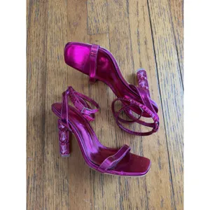 Pink Rhinestone Strappy Heel Sandals Shoes Womens Size 8 Square Toe Party thumbnail 3