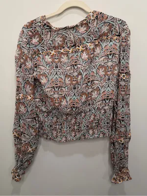Anthropologie Paisley Ruffle Smocked Waist Blouse Small Multi-Color OB1487981 thumbnail 4