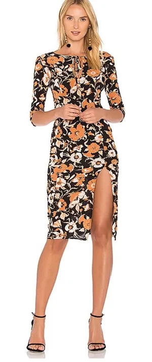 For Love & Lemons Floret Print Midi Dress Black Floral Silk Blend Slit Medium thumbnail 1