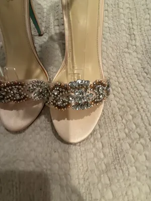 Blue by Betsey Johnson Gina Champagne Satin Rhinestone Ankle Strap Heels thumbnail 3