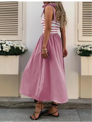 NEW Tie Strap Striped Midi Stretch Dress Pockets Small thumbnail 2