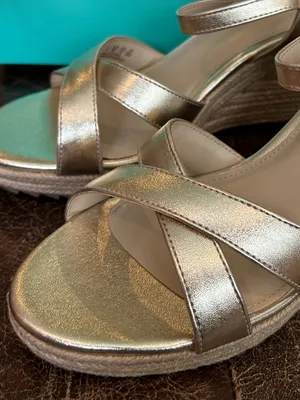Ankis Metallic Gold Crisscross Straps Ankle Buckle Espadrille-Style Wedge Sandal thumbnail 7